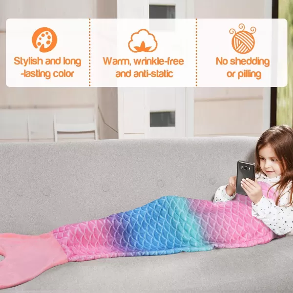 Catalonia Kids Mermaid Tail Blanket Super Soft Plush Flannel Sleeping Snuggle Blanket for Girls Rainbow Ombre Fish Scale Pattern Gift IdeaRainbow Ombre Pink Tail