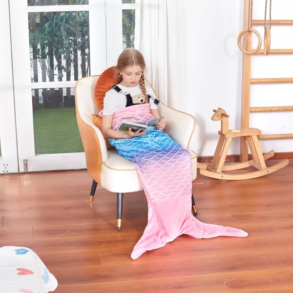 Catalonia Kids Mermaid Tail Blanket Super Soft Plush Flannel Sleeping Snuggle Blanket for Girls Rainbow Ombre Fish Scale Pattern Gift IdeaRainbow Ombre Pink Tail