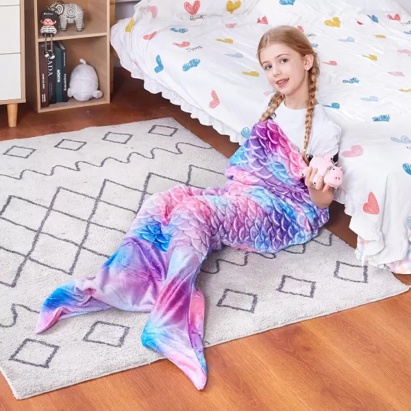 Catalonia Kids Mermaid Tail Blanket Super Soft Plush Flannel Sleeping Snuggle Blanket for Girls Rainbow Ombre Fish Scale Pattern Gift IdeaRainbow Tiedye