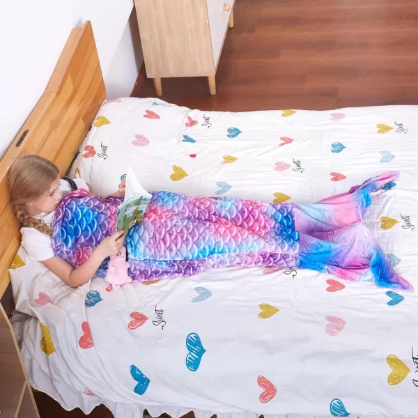 Catalonia Kids Mermaid Tail Blanket Super Soft Plush Flannel Sleeping Snuggle Blanket for Girls Rainbow Ombre Fish Scale Pattern Gift IdeaRainbow Tiedye