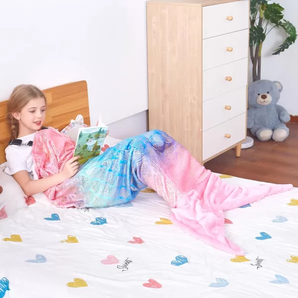 Catalonia Kids Mermaid Tail Blanket Super Soft Plush Flannel Sleeping Snuggle Blanket for Girls Rainbow Ombre Fish Scale Pattern Gift IdeaShiny Rainbow Ombre