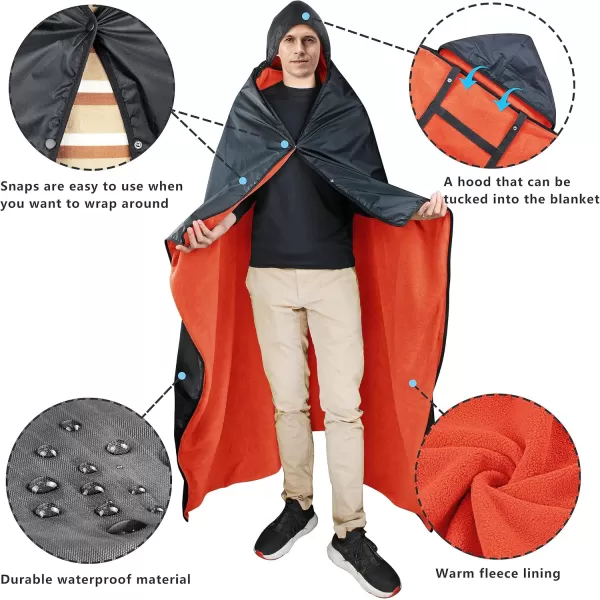 Catalonia Waterproof Blanket for Outdoors Hooded Blanket Poncho  Windproof Wearable Portable  Sport Blankets for Stadium Football Games School Sporting Events Camping TravelBlack  Orange