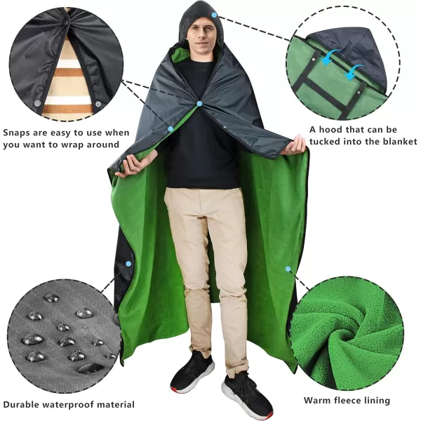 Catalonia Waterproof Blanket for Outdoors Hooded Blanket Poncho  Windproof Wearable Portable  Sport Blankets for Stadium Football Games School Sporting Events Camping TravelBlack  Green