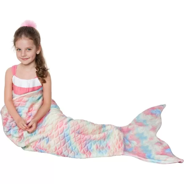 Catalonia Kids Mermaid Tail Blanket Super Soft Plush Flannel Sleeping Snuggle Blanket for Girls Rainbow Ombre Fish Scale Pattern Gift IdeaCandy