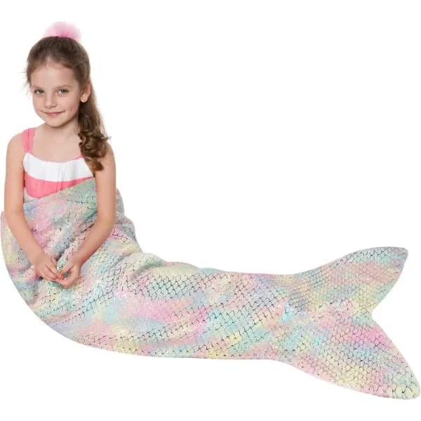 Catalonia Kids Mermaid Tail Blanket Super Soft Plush Flannel Sleeping Snuggle Blanket for Girls Rainbow Ombre Fish Scale Pattern Gift IdeaGlittering Cartooncandy