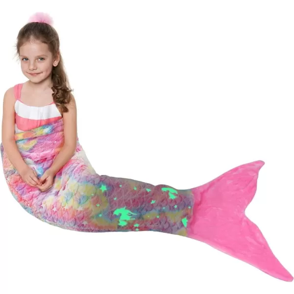 Catalonia Kids Mermaid Tail Blanket Super Soft Plush Flannel Sleeping Snuggle Blanket for Girls Rainbow Ombre Fish Scale Pattern Gift IdeaGlow in the Darkpink