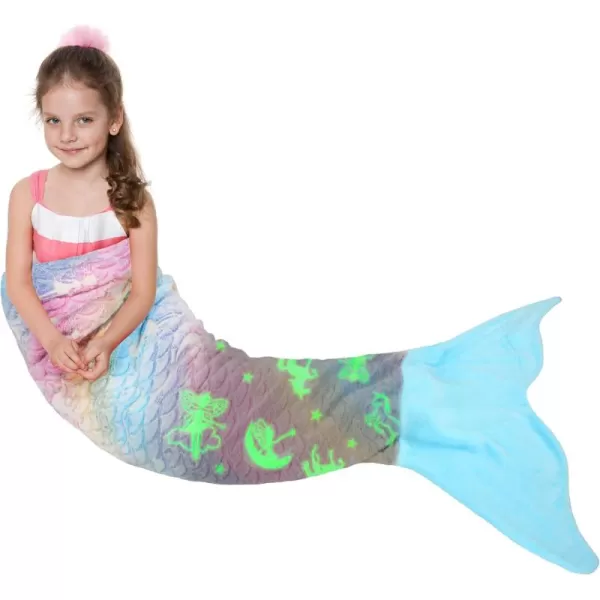 Catalonia Kids Mermaid Tail Blanket Super Soft Plush Flannel Sleeping Snuggle Blanket for Girls Rainbow Ombre Fish Scale Pattern Gift IdeaGlow in the Darkblue