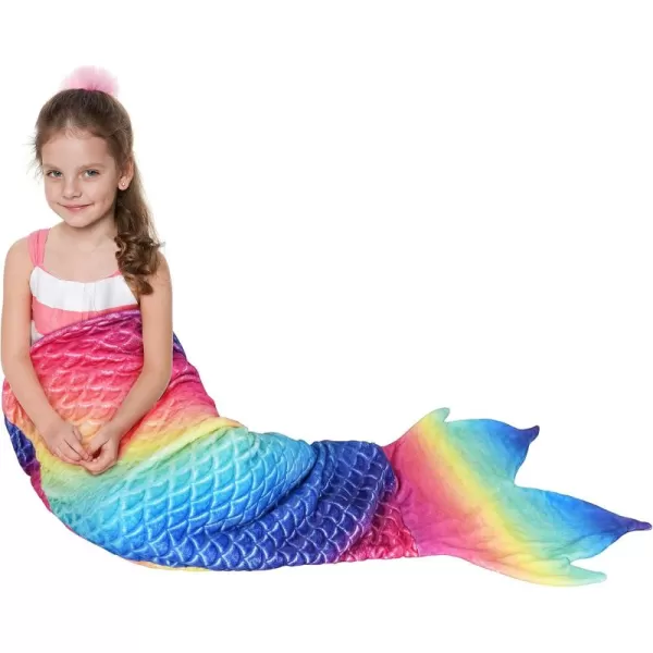 Catalonia Kids Mermaid Tail Blanket Super Soft Plush Flannel Sleeping Snuggle Blanket for Girls Rainbow Ombre Fish Scale Pattern Gift IdeaRainbow