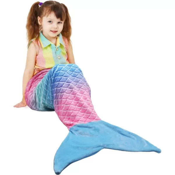 Catalonia Kids Mermaid Tail Blanket Super Soft Plush Flannel Sleeping Snuggle Blanket for Girls Rainbow Ombre Fish Scale Pattern Gift IdeaRainbow Ombre