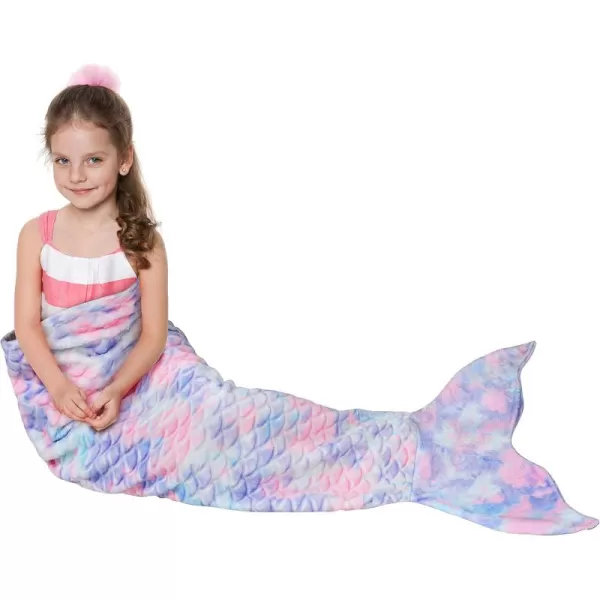 Catalonia Kids Mermaid Tail Blanket Super Soft Plush Flannel Sleeping Snuggle Blanket for Girls Rainbow Ombre Fish Scale Pattern Gift IdeaTiedye