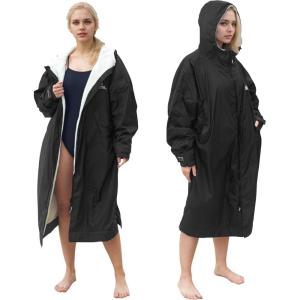 imageCatalonia Swim Parka for Women Men Lightweight Surf Swim Jacket Oversized Waterproof Warm Swim Coat Changing Poncho RobeBlack