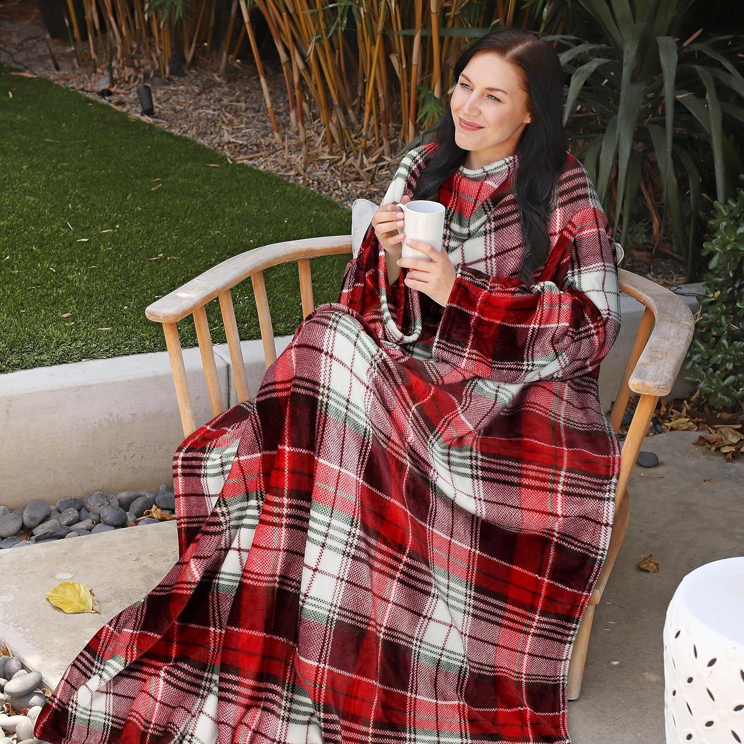 imageCatalonia Wearable Blanket with Sleeves and Pocket Cozy Soft Fleece Mink Micro Plush Wrap Throws Blanket Robe for Women and MenRed Plaid