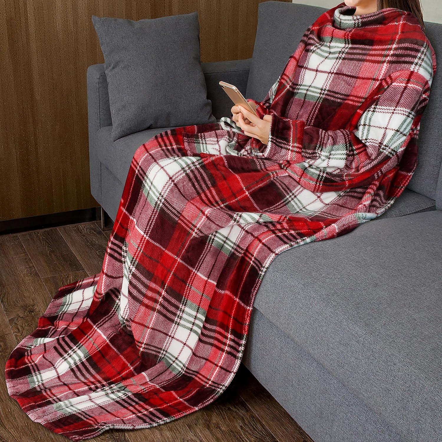 imageCatalonia Wearable Blanket with Sleeves and Pocket Cozy Soft Fleece Mink Micro Plush Wrap Throws Blanket Robe for Women and MenRed Plaid