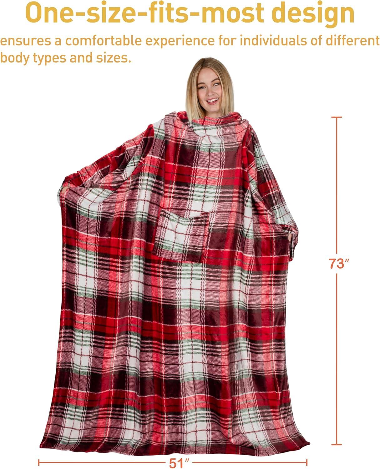 imageCatalonia Wearable Blanket with Sleeves and Pocket Cozy Soft Fleece Mink Micro Plush Wrap Throws Blanket Robe for Women and MenRed Plaid