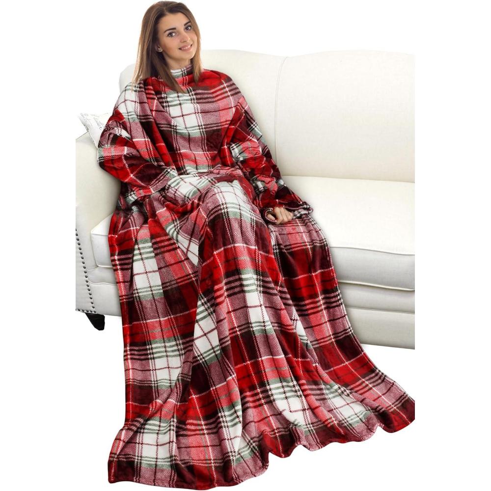 imageCatalonia Wearable Blanket with Sleeves and Pocket Cozy Soft Fleece Mink Micro Plush Wrap Throws Blanket Robe for Women and MenRed Plaid
