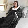 imageCatalonia Sherpa Wearable Blanket with Sleeves Arms Super Soft Warm Comfy Large Fleece Plush Sleeved TV Throws Wrap Robe Blanket for Adult Women and MenBlack