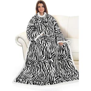 imageCatalonia Sherpa Wearable Blanket with Sleeves Arms Super Soft Warm Comfy Large Fleece Plush Sleeved TV Throws Wrap Robe Blanket for Adult Women and MenZebra