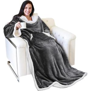 imageCatalonia Sherpa Wearable Blanket with Sleeves Arms Super Soft Warm Comfy Large Fleece Plush Sleeved TV Throws Wrap Robe Blanket for Adult Women and MenGray