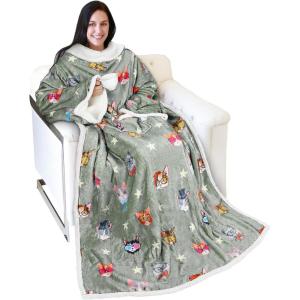imageCatalonia Sherpa Wearable Blanket with Sleeves Arms Super Soft Warm Comfy Large Fleece Plush Sleeved TV Throws Wrap Robe Blanket for Adult Women and Men80s Cat Dog Gray