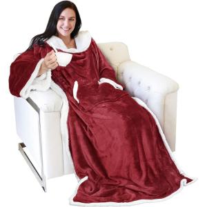 imageCatalonia Sherpa Wearable Blanket with Sleeves Arms Super Soft Warm Comfy Large Fleece Plush Sleeved TV Throws Wrap Robe Blanket for Adult Women and MenWine