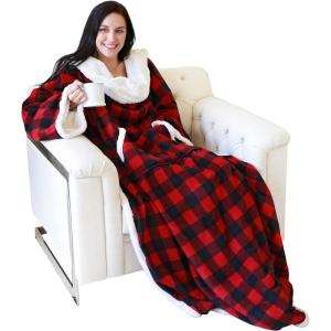 imageCatalonia Sherpa Wearable Blanket with Sleeves Arms Super Soft Warm Comfy Large Fleece Plush Sleeved TV Throws Wrap Robe Blanket for Adult Women and MenRed Checker