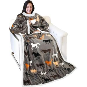 imageCatalonia Sherpa Wearable Blanket with Sleeves Arms Super Soft Warm Comfy Large Fleece Plush Sleeved TV Throws Wrap Robe Blanket for Adult Women and MenTaupe Horse