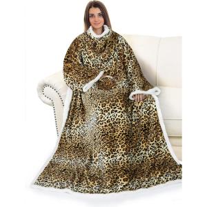imageCatalonia Sherpa Wearable Blanket with Sleeves Arms Super Soft Warm Comfy Large Fleece Plush Sleeved TV Throws Wrap Robe Blanket for Adult Women and MenCheetah