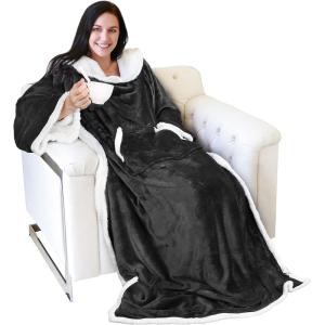 imageCatalonia Sherpa Wearable Blanket with Sleeves Arms Super Soft Warm Comfy Large Fleece Plush Sleeved TV Throws Wrap Robe Blanket for Adult Women and MenBlack