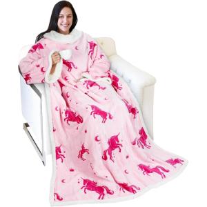 imageCatalonia Sherpa Wearable Blanket with Sleeves Arms Super Soft Warm Comfy Large Fleece Plush Sleeved TV Throws Wrap Robe Blanket for Adult Women and MenUnicorn Pink