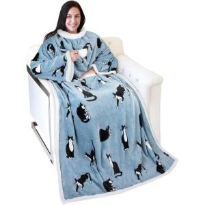 imageCatalonia Sherpa Wearable Blanket with Sleeves Arms Super Soft Warm Comfy Large Fleece Plush Sleeved TV Throws Wrap Robe Blanket for Adult Women and MenWondercat Grey