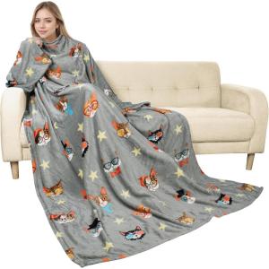 imageCatalonia Wearable Blanket with Sleeves and Pocket Cozy Soft Fleece Mink Micro Plush Wrap Throws Blanket Robe for Women and Men80s Cat Dog Gray