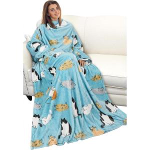 imageCatalonia Wearable Blanket with Sleeves and Pocket Cozy Soft Fleece Mink Micro Plush Wrap Throws Blanket Robe for Women and MenBlue Cat