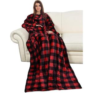 imageCatalonia Wearable Blanket with Sleeves and Pocket Cozy Soft Fleece Mink Micro Plush Wrap Throws Blanket Robe for Women and MenRed Black Checker