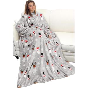 imageCatalonia Wearable Blanket with Sleeves and Pocket Cozy Soft Fleece Mink Micro Plush Wrap Throws Blanket Robe for Women and MenSanta and Deer Grey