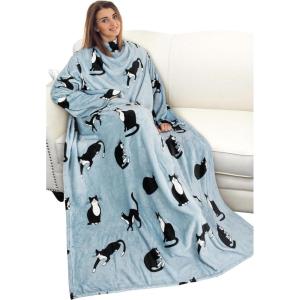 imageCatalonia Wearable Blanket with Sleeves and Pocket Cozy Soft Fleece Mink Micro Plush Wrap Throws Blanket Robe for Women and MenWondercat Grey
