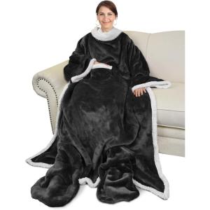 imageCatalonia Pink Wearable Fleece Blanket with Sleeves and Foot Pockets for Adult Women Men Micro Plush Comfy Wrap Sleeved Throw Blanket RobeBlack