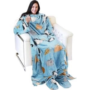 imageCatalonia Pink Wearable Fleece Blanket with Sleeves and Foot Pockets for Adult Women Men Micro Plush Comfy Wrap Sleeved Throw Blanket RobeCat Blue
