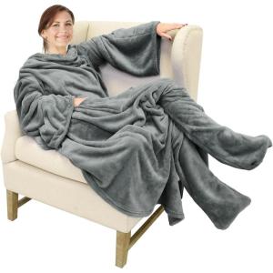 imageCatalonia Pink Wearable Fleece Blanket with Sleeves and Foot Pockets for Adult Women Men Micro Plush Comfy Wrap Sleeved Throw Blanket RobeGray