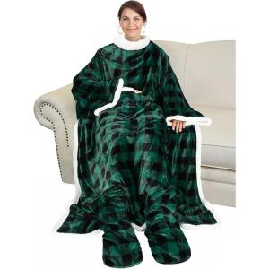 imageCatalonia Pink Wearable Fleece Blanket with Sleeves and Foot Pockets for Adult Women Men Micro Plush Comfy Wrap Sleeved Throw Blanket RobeGreen Checker