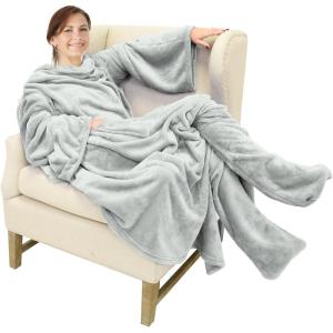 imageCatalonia Pink Wearable Fleece Blanket with Sleeves and Foot Pockets for Adult Women Men Micro Plush Comfy Wrap Sleeved Throw Blanket RobeLight Gray