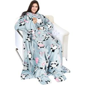 imageCatalonia Pink Wearable Fleece Blanket with Sleeves and Foot Pockets for Adult Women Men Micro Plush Comfy Wrap Sleeved Throw Blanket RobePanda Grey