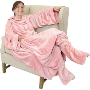 imageCatalonia Pink Wearable Fleece Blanket with Sleeves and Foot Pockets for Adult Women Men Micro Plush Comfy Wrap Sleeved Throw Blanket RobePink