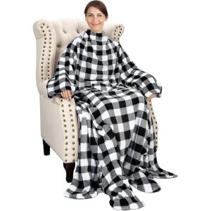 imageCatalonia Pink Wearable Fleece Blanket with Sleeves and Foot Pockets for Adult Women Men Micro Plush Comfy Wrap Sleeved Throw Blanket RobePlaid White