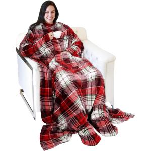 imageCatalonia Pink Wearable Fleece Blanket with Sleeves and Foot Pockets for Adult Women Men Micro Plush Comfy Wrap Sleeved Throw Blanket RobeRed Plaid
