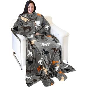 imageCatalonia Pink Wearable Fleece Blanket with Sleeves and Foot Pockets for Adult Women Men Micro Plush Comfy Wrap Sleeved Throw Blanket RobeTaupe Horse