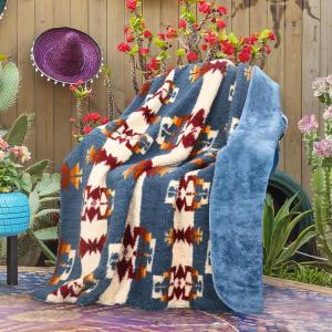 imageCatalonia Southwestern Tribal Print Throw Soft Aztec Sherpa Blanket Navajo Style Native for Couch Sofa Bed  Cozy Boho Home Decor 50x60 InchesSouthwestern Blue