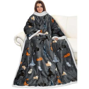 imageCatalonia Cat ampamp Dog Print Sherpa Wearable Blanket with Sleeves Arms Comfy Sleeved TV Wrap Blanket Large Snuggly Throw for Women and Men Gift for HerDog Grey