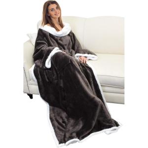 imageCatalonia Cat ampamp Dog Print Sherpa Wearable Blanket with Sleeves Arms Comfy Sleeved TV Wrap Blanket Large Snuggly Throw for Women and Men Gift for HerBrown