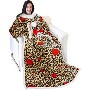 imageCatalonia Cat ampamp Dog Print Sherpa Wearable Blanket with Sleeves Arms Comfy Sleeved TV Wrap Blanket Large Snuggly Throw for Women and Men Gift for HerLeopard Heart Brown