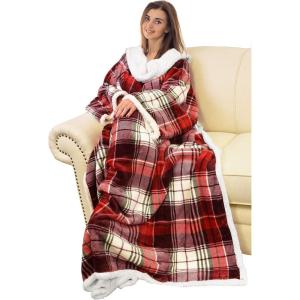imageCatalonia Cat ampamp Dog Print Sherpa Wearable Blanket with Sleeves Arms Comfy Sleeved TV Wrap Blanket Large Snuggly Throw for Women and Men Gift for HerRed Plaid
